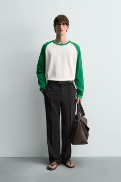 ZARA ФУТБОЛКА REGULAR FIT В СТИЛЕ КОЛОР-БЛОК, БЕЛЫЙ/ЗЕЛЕНЫЙ