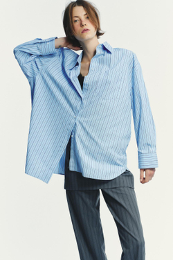 ZARA ПОПЛИНОВАЯ РУБАШКА OVERSIZE В ПОЛОСКУ, МОРСКОЙ ЯРКО-СИНИЙ