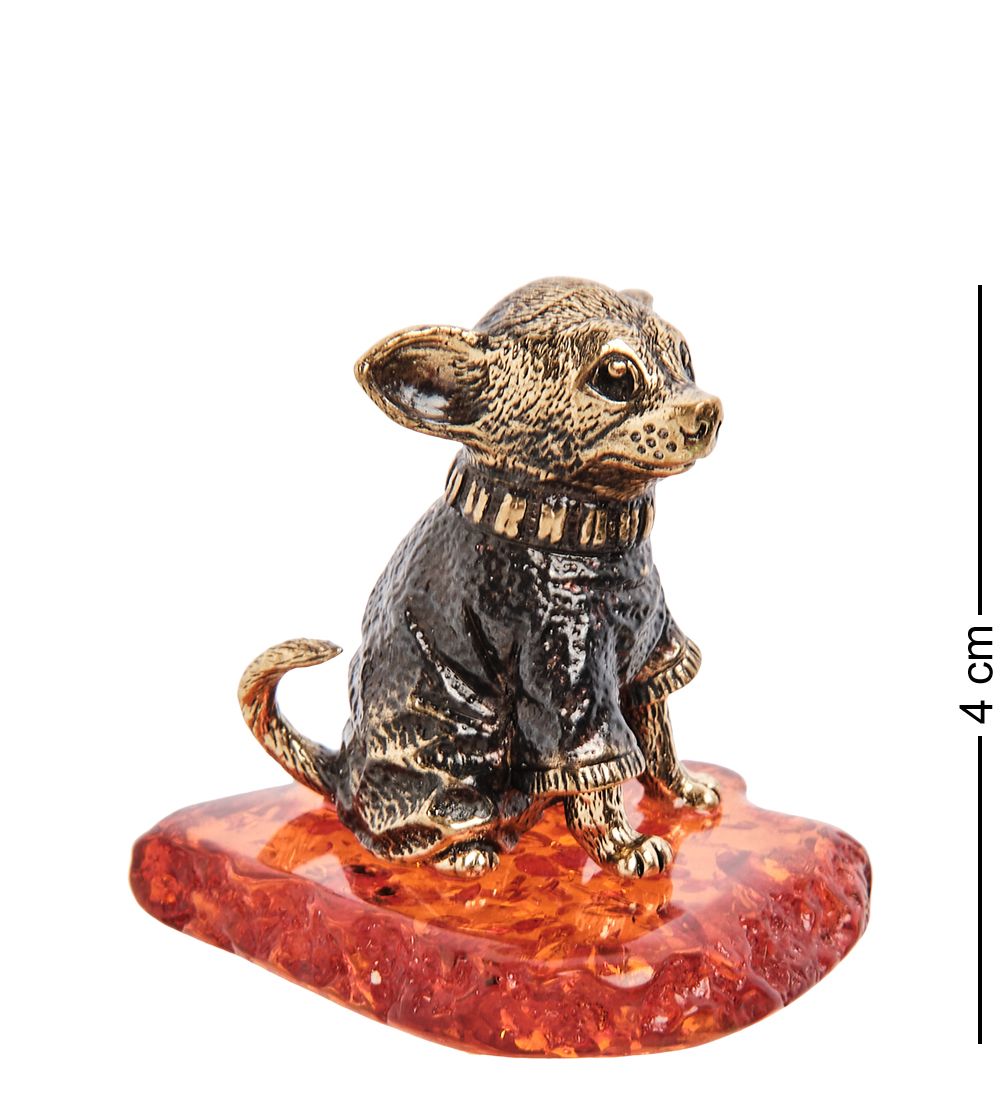 Народные промыслы AM- 253 Фигурка «Той-терьер в кофточке» (латунь, янтарь)