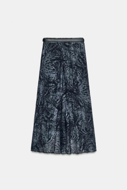 ZARA ЮБКА МИДИ С ПРИНТОМ И РЕМНЕМ, СИНИЙ/ЧЕРНЫЙ