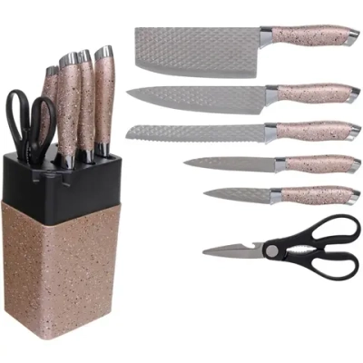 Набор ножей «SHEF» 7предметов (5ножей+ножницы+подставка с точилкой) золото