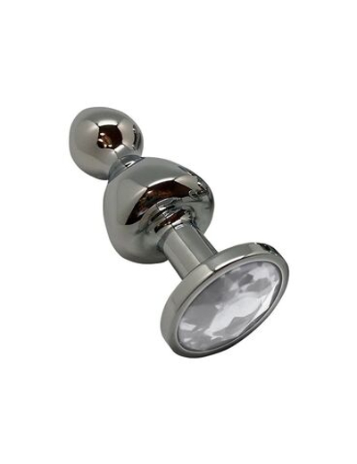 Серебристая анальная втулка Wooomy Lollypop M с прозрачным кристаллом - 9,4 см. (Цвет: серебристый)