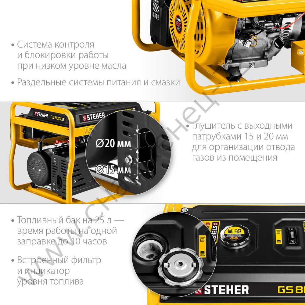 STEHER 7000 Вт, бензиновый генератор с электростартером (GS-8000E)