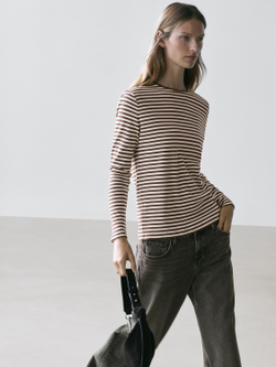 Massimo Dutti Футболка в полоску с длинными рукавами и контрастной отделкой, светло-коричневый