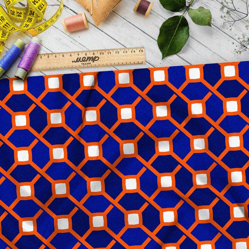 Ткань шифон синий графичный узор с оранжевыми полосами