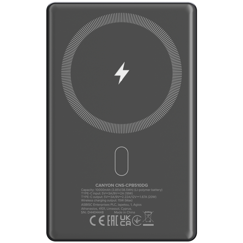 CANYON power bank OnPower 510 slim Magnetic 10000 mAh PD20W Dark Grey