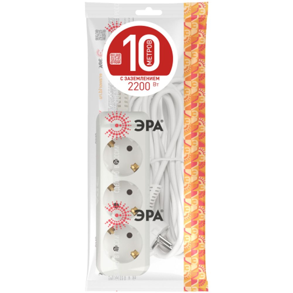 Удлинитель электрический ЭРА UX-3e-10m с заземлением 3 розетки 10 м ПВС 3x0,75мм2 10А | Бытовые удлинители