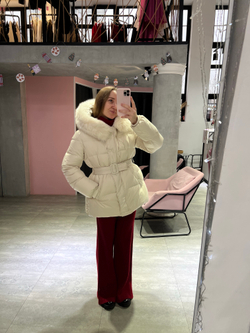 Пуховик Fresh миди с поясом молочный