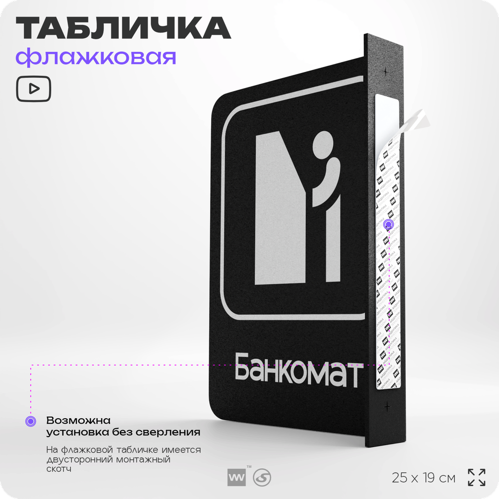 Табличка Банкомат флажковая на стену, двусторонняя с крепежом, 19 х 25 см, для офиса, кафе, ресторана, серия COSMO, Айдентика Технолоджи