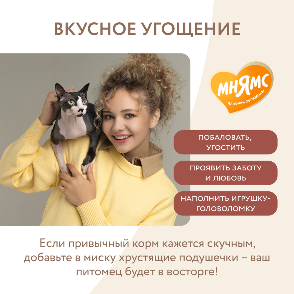 МНЯМС Лакомство "Выведение шерсти" хрустящие подушечки для кошек с цыпленком, 60 г