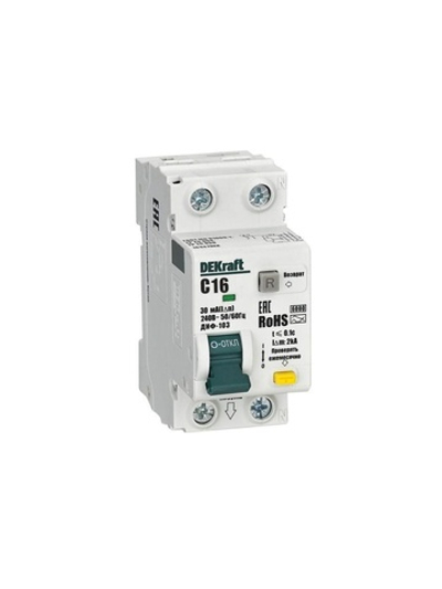 Выключатель автоматический дифференциального тока (АВДТ) 1P+N 16А 30мА A х-ка C ДИФ-103 6кА DEKraft 16347DEK