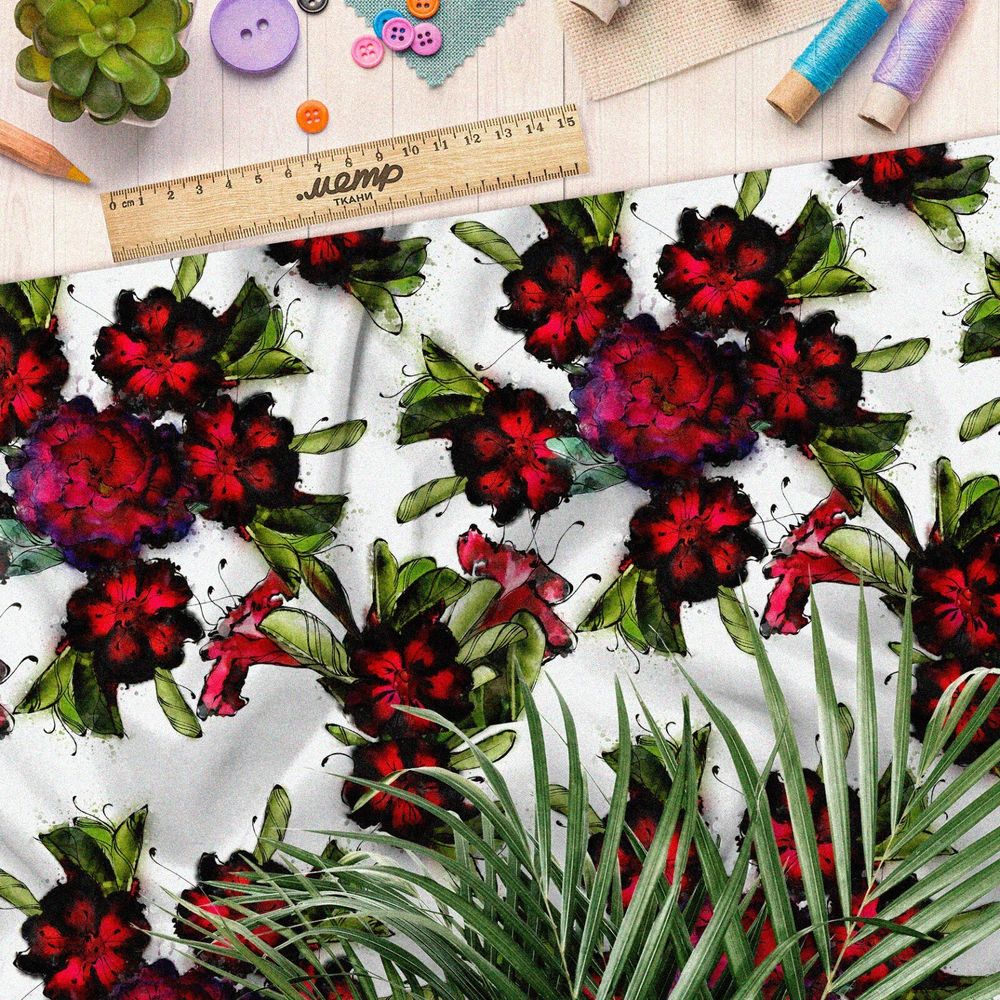 Ткань барби красные цветы с черным фоном