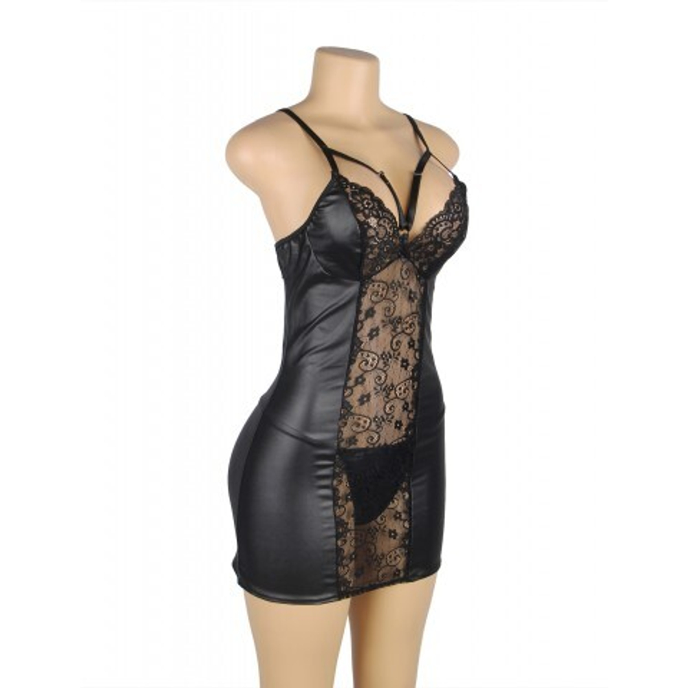 Кожаное платье с кружевом и стрепами Ohyeah Sexy Black +стринги, M-L