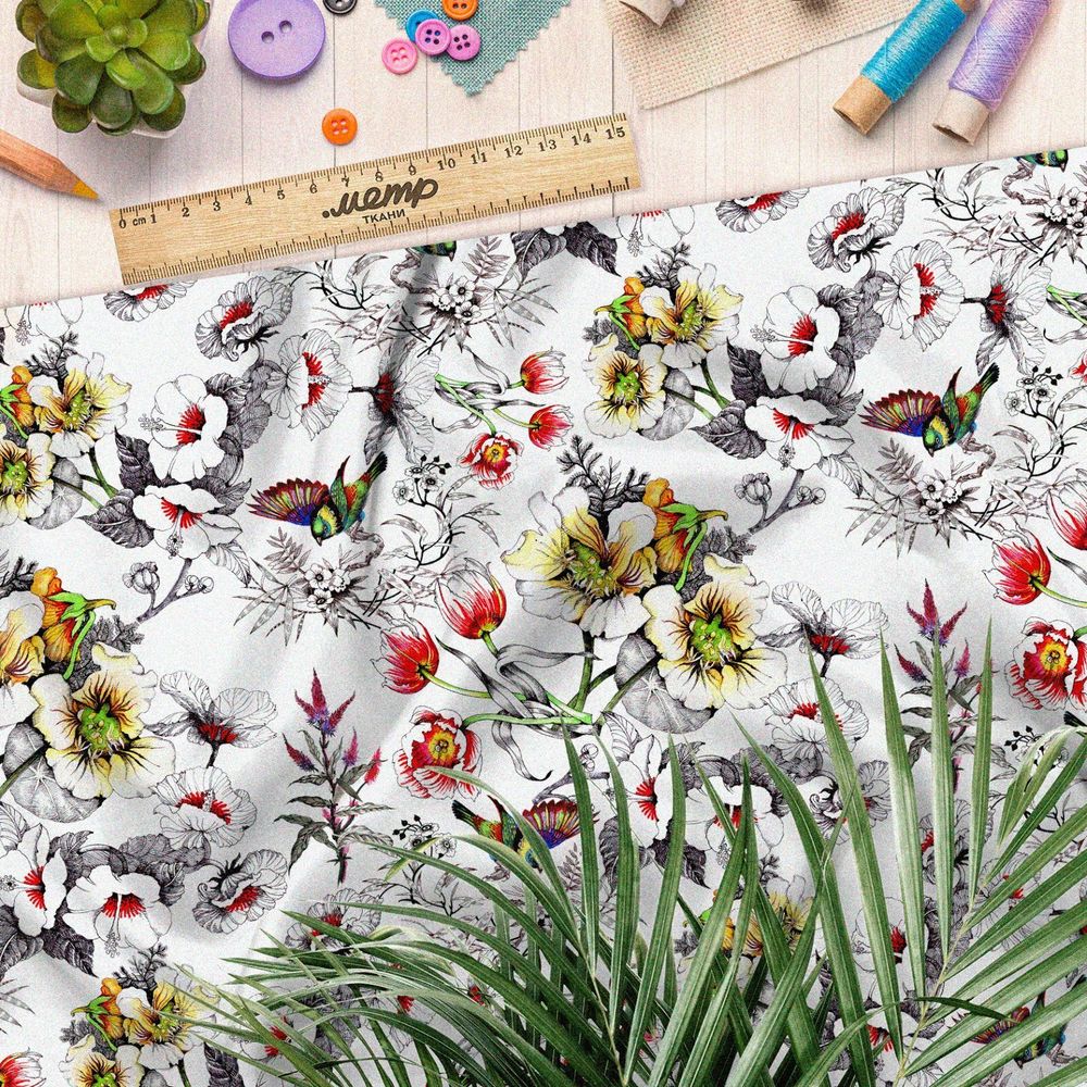 Ткань сатин фантастический красочный букет с птичками