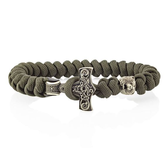 Браслет из оливкового паракорда с молотом Тора Мьёльнир и медведем из мельхиора, фото 1