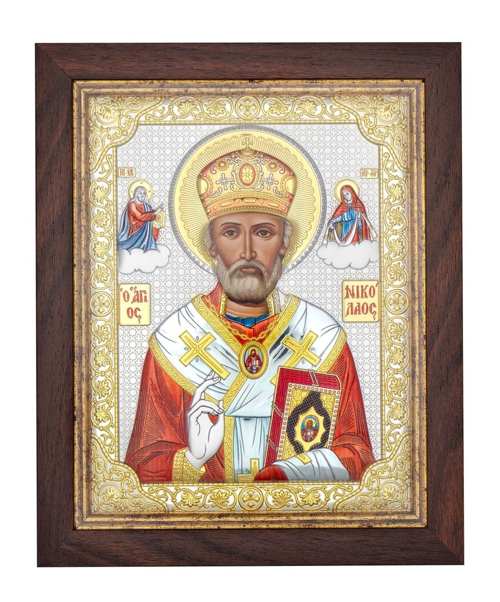 Николай Чудотворец, икона прямоугольная в рамке под стеклом, красное дерево, эмаль 206х258