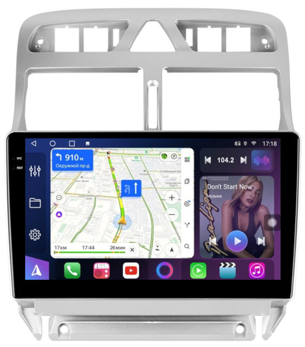 Магнитола для Peugeot 307 2001-2008 - FarCar 017M монитор 9.5" QLED на Android 14, TS18, CarPlay, 4G SIM-слот