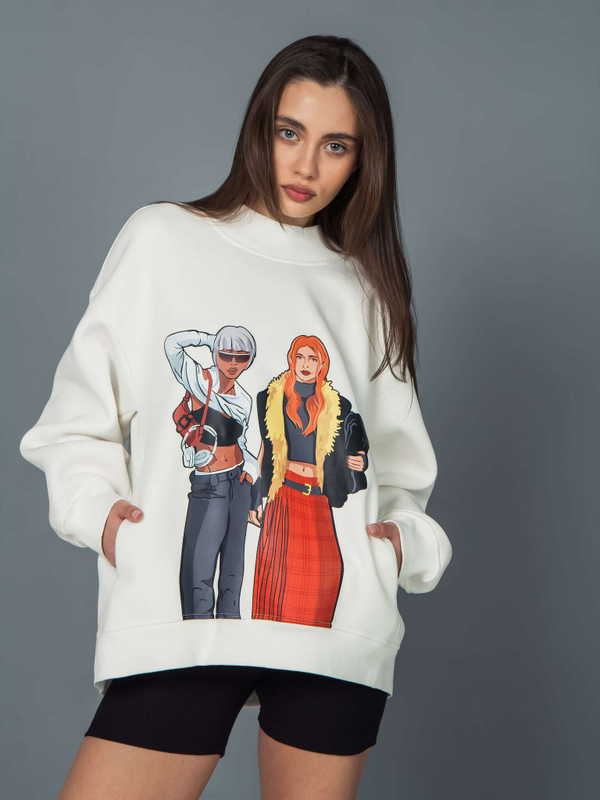 Свитшот женский оверсайз с принтом fashion girls молочный