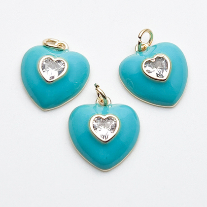 Подвеска Сердце, цвет золото+мятный, фианит, размер 13*12 мм, цена за 1 шт