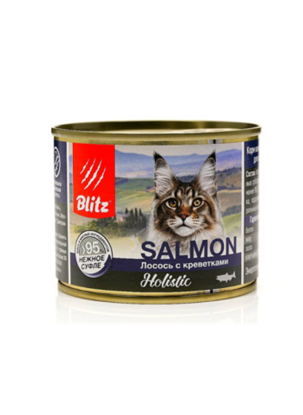 Blitz 200г конс. Holistic Salmon Влажный корм для кошек Лосось и креветки (суфле)