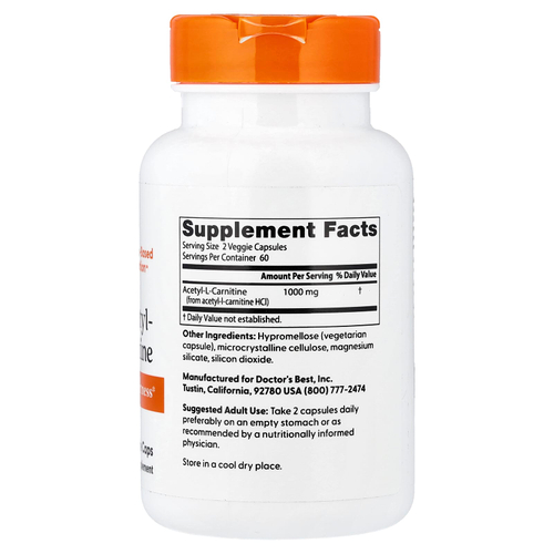Doctor's Best, ацетил-L-карнитин, 120 растительных капсул (500 мг в 1 капсуле)