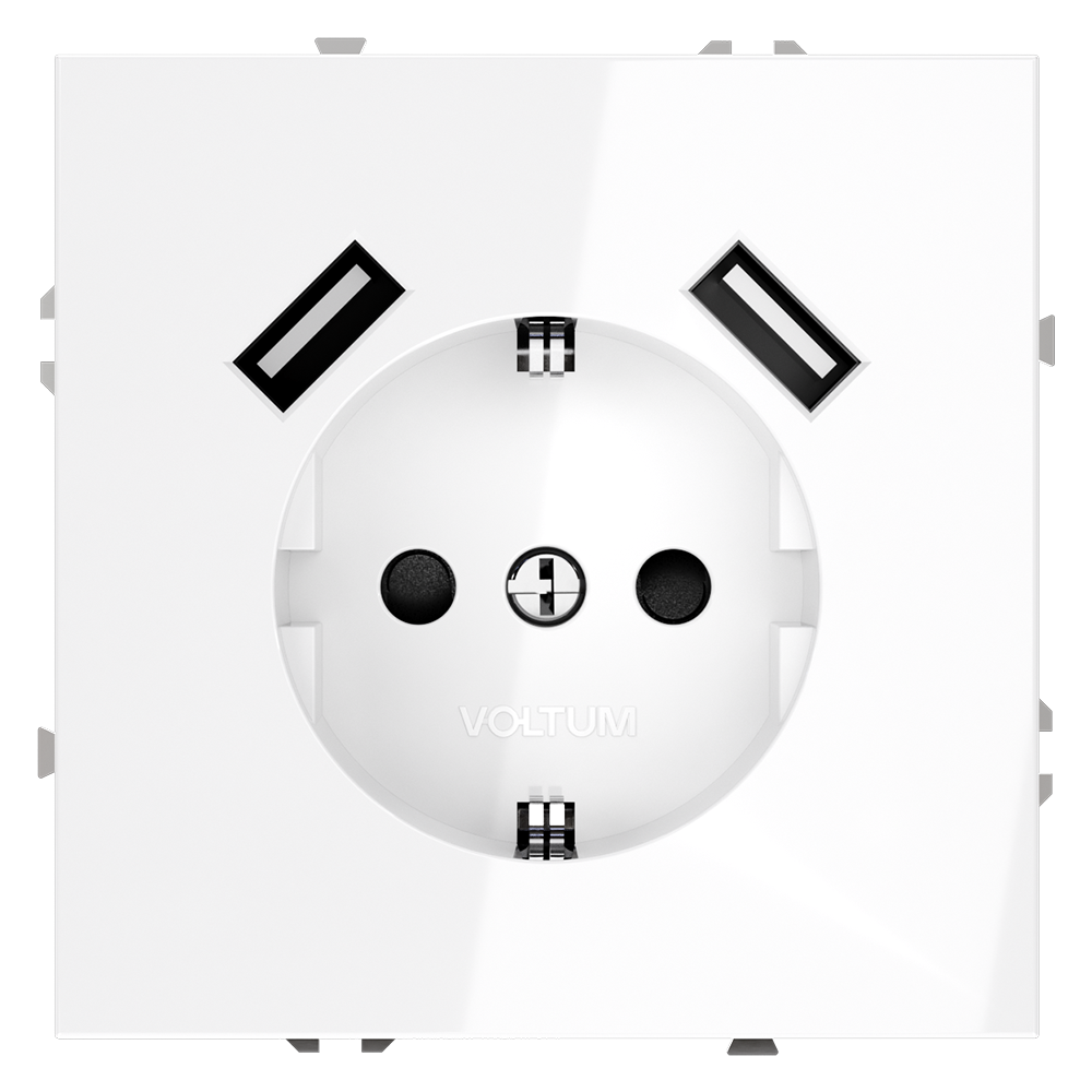 Розетка встраиваемая VOLTUM S70 с заземлением и защитными шторками, 16А, с USB, A+A, (белый глянцевы