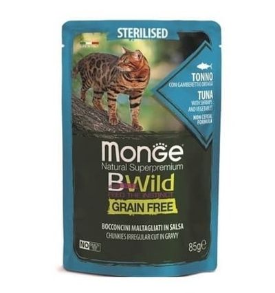 Влажный корм для стерилизованных кошек Monge BWild GRAIN FREE из тунца с креветками и овощами, Пауч 85г
