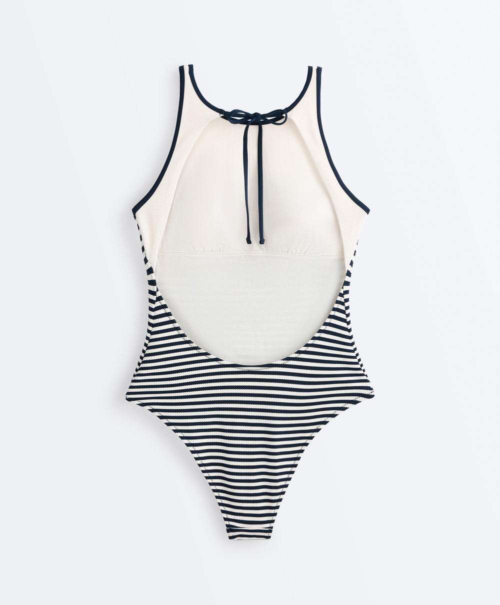 OYSHO Купальник в полоску с завязками на шее, светлый экрю