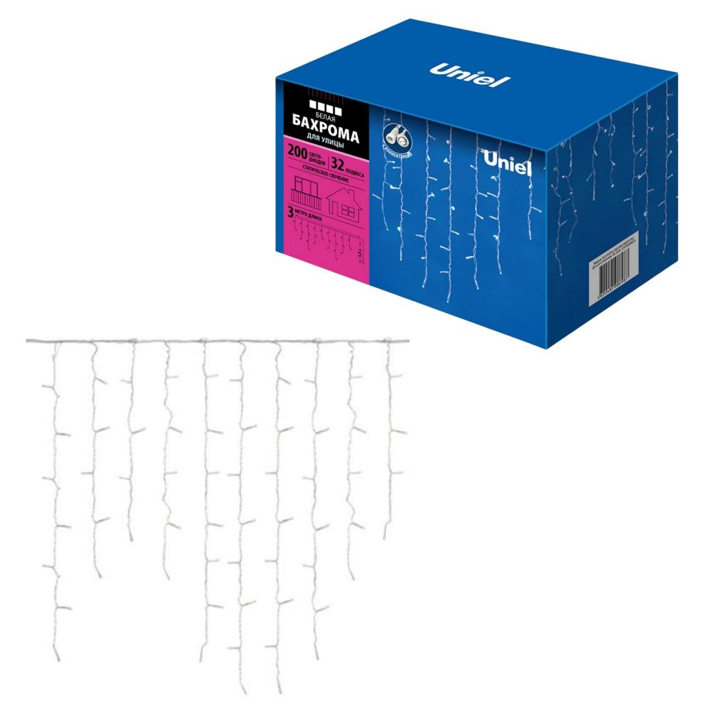 ULD-B3010-200-SWK WHITE IP67 Бахрома светодиодная со статическим свечением. 3м. Соединяемая. 200 светодиодов. Белый свет. Провод белый. TM Uniel.