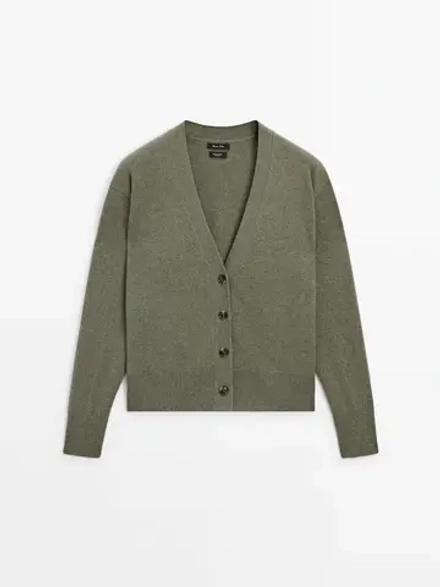 Massimo Dutti Кашемировый кардиган с V-образным вырезом, зеленый