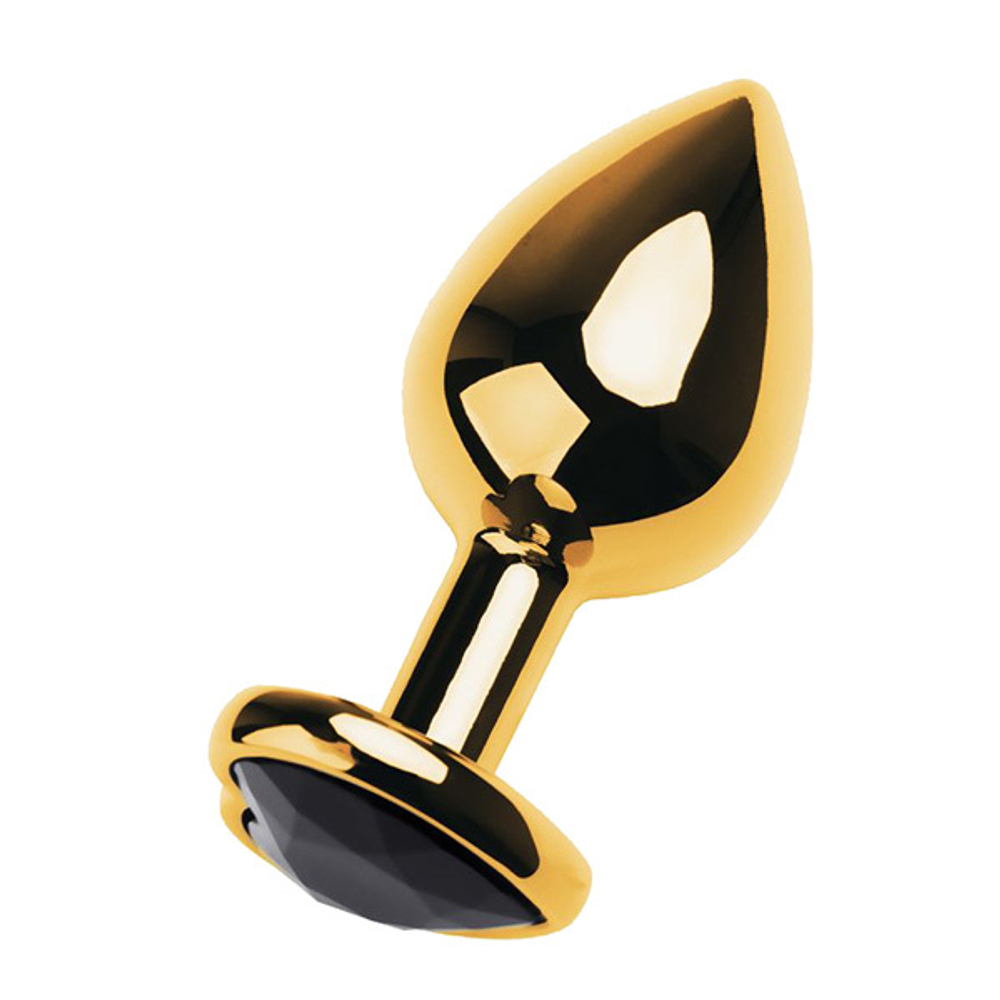 Золотистый анальный плаг 8,5см с чёрным кристаллом-сердцем ToyFa Metal 717017-135