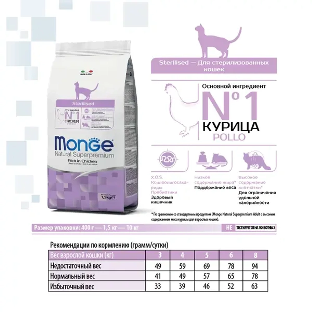 Сухой корм Monge Cat Daily Line Sterilised для стерилизованных кошек, из курицы 10 кг (НОВАЯ ПОСТАВКА ОТ АВГУСТА 2025!)