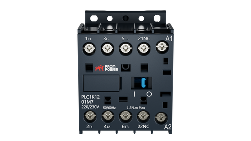Миниконтактор Prompower PLC1K1201M7 серии Pulse, ток 12А, 3 полюса, доп контакт 1НЗ, катушка 230AC