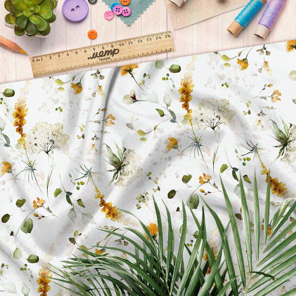 Ткань кулирная гладь акварельные полевые цветы на белом фоне