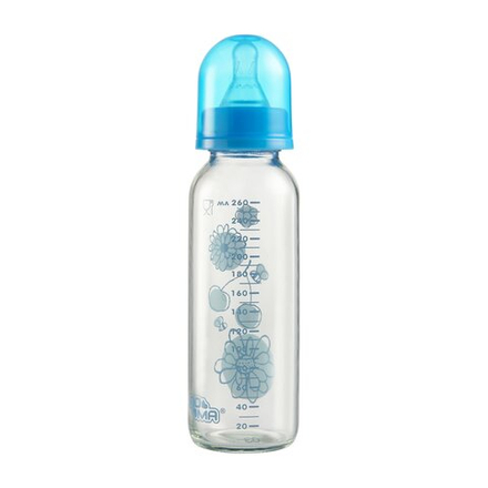 Бутылочка стеклянная с силиконовой соской с быстрым потоком ПОМА 260 мл. с 6 месяцев, голубой