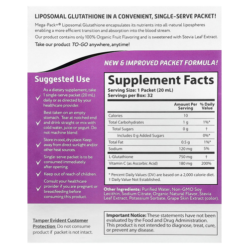 Aurora Nutrascience, Mega-Pack+®, липосомальный глутатион, 32 пакетика по 20 мл (0,68 жидк. унции)