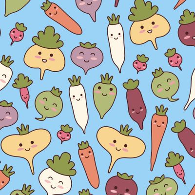 Buy fabric vegetables turnip carrot radish blue