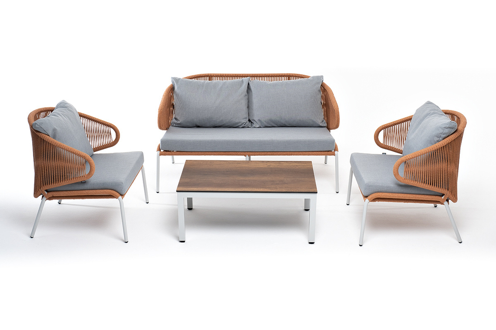 "Милан" лаунж-зона 4-местная плетеная из роупа (веревки), каркас алюминиевый светло-серый, роуп оранжевый меланж