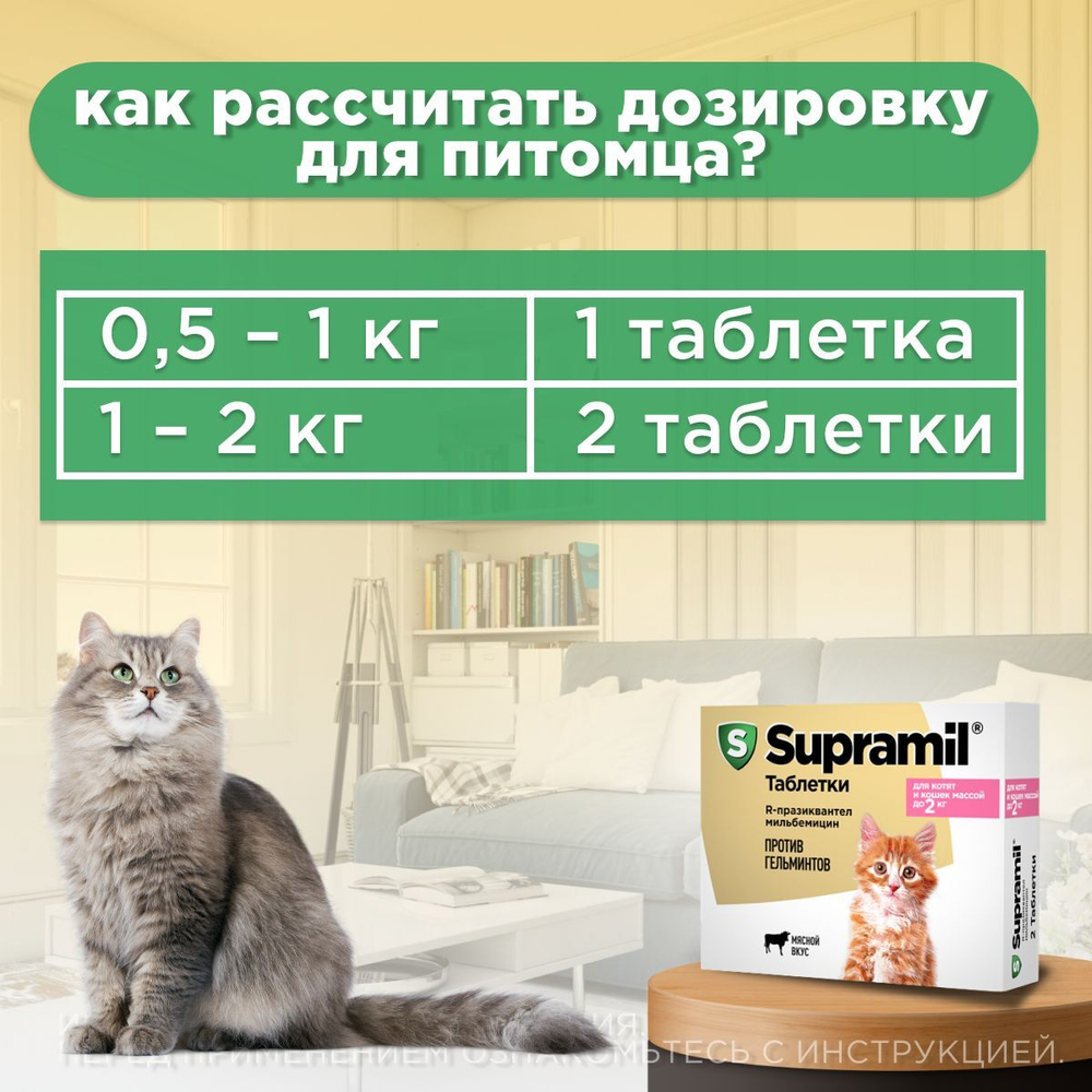 Таблетки от гельминтов для котят и кошек до 2кг Супрамил (Supramil), 2таб. Празиквантел/Мильбемицин