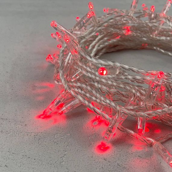 Светодиодная гирлянда с колпачком 100 красных LED ламп 10 м., 220-230 В., прозрачный провод ПВХ, IP65, LTC (PST100CAP-10-2R)
