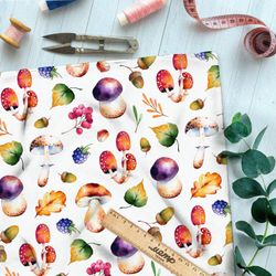 Ткань мембрана крупные грибы и брусника на белом фоне