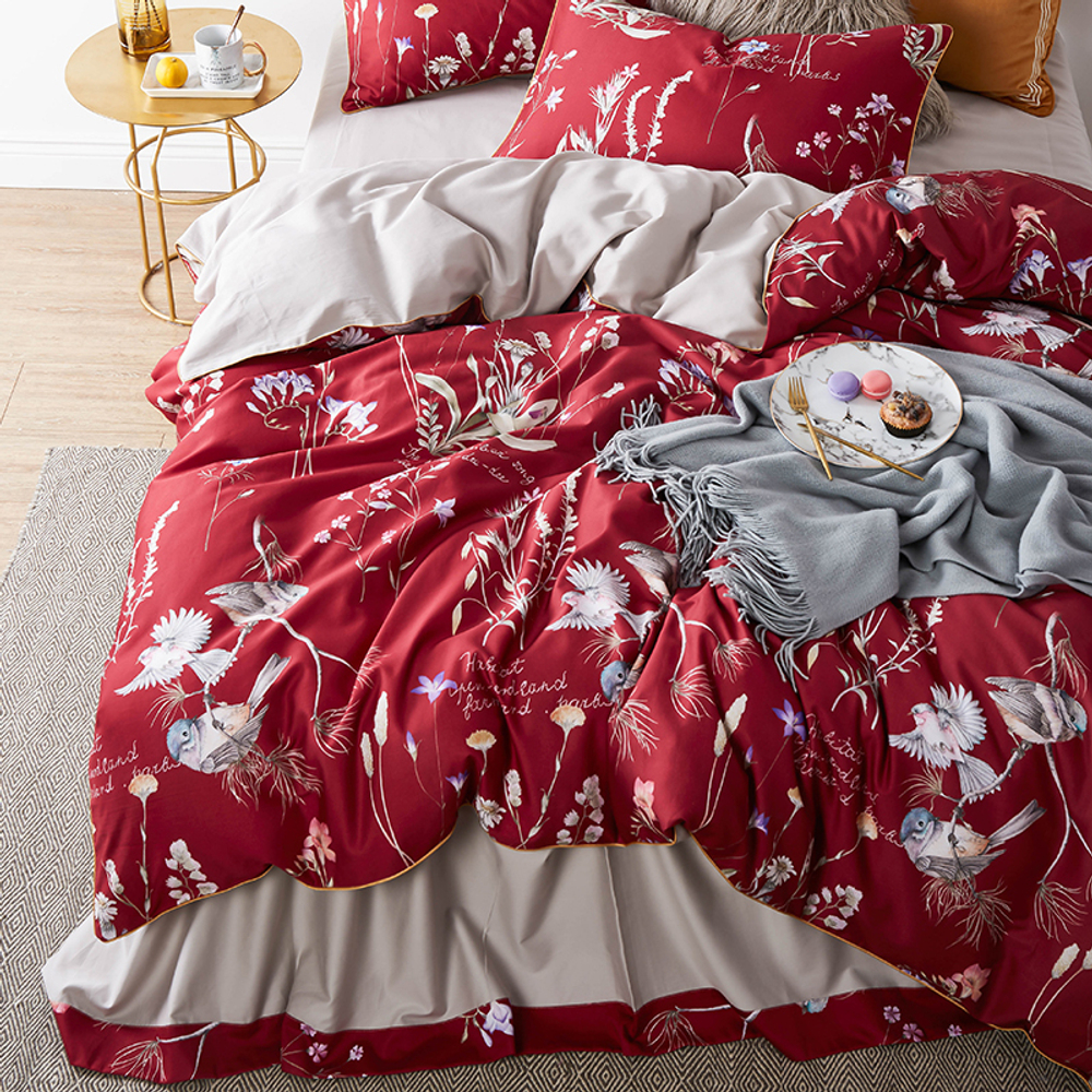 Постельное белье ЕВРО (двуспалка) Египедский Хлопок Птички на красном