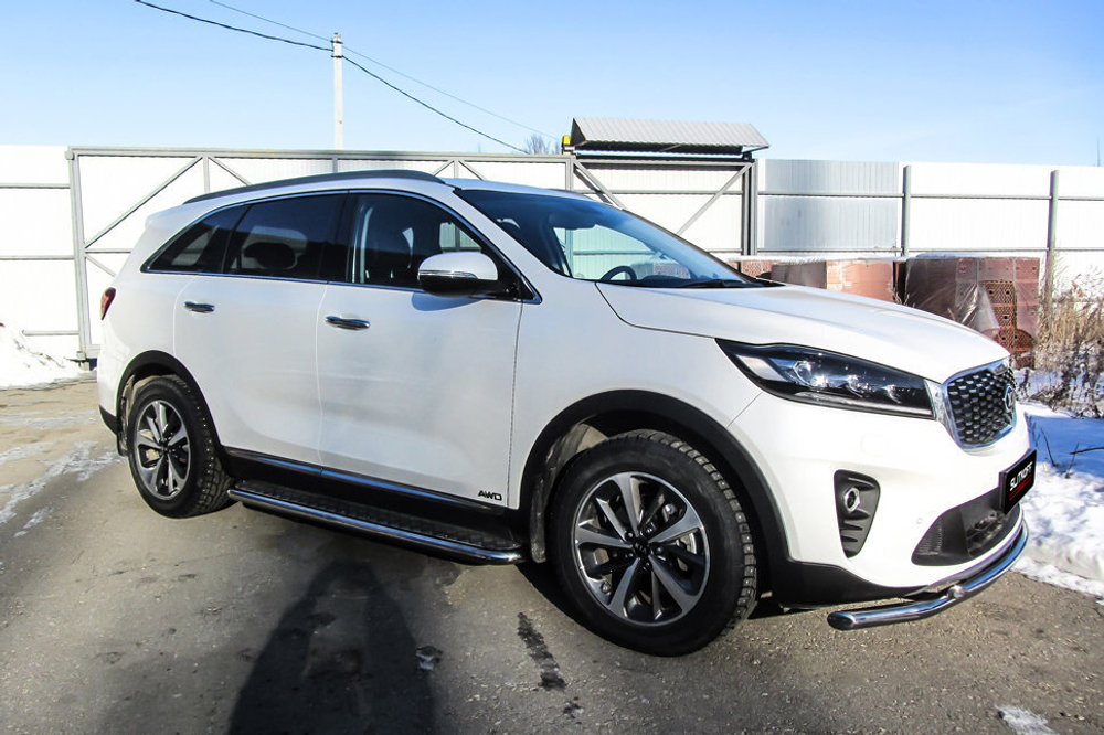 Пороги из нержавейки Kia Sorento Prime (2017-2020) d57 с алюминиевым листом