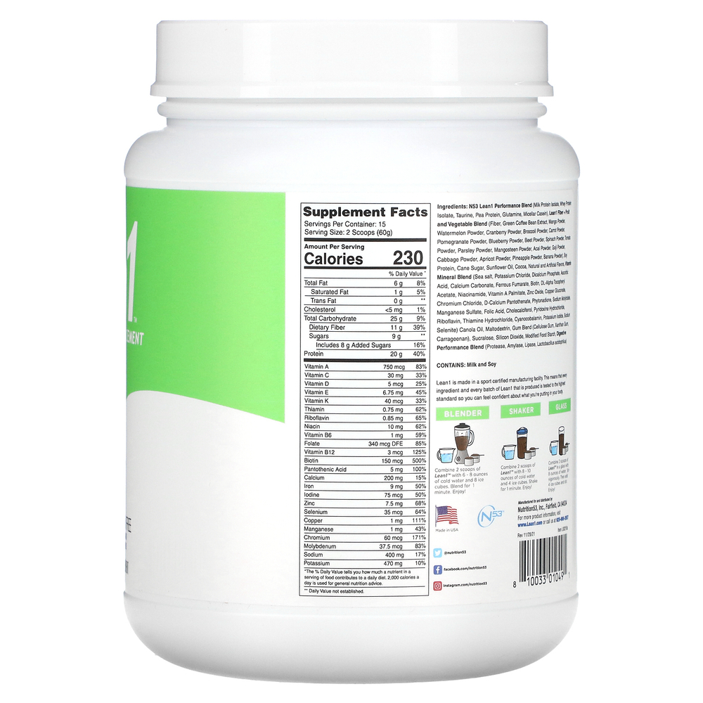 Lean1, Original, жиросжигающий протеиновый коктейль для замены приема пищи, со вкусом шоколада, 900 г (2 фунта)