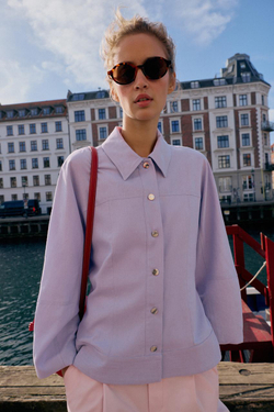 ZARA КУРТКА ИЗ ЛЬНА С ОБЪЕМНЫМИ РУКАВАМИ, ЦВЕТ МАЛЬВЫ