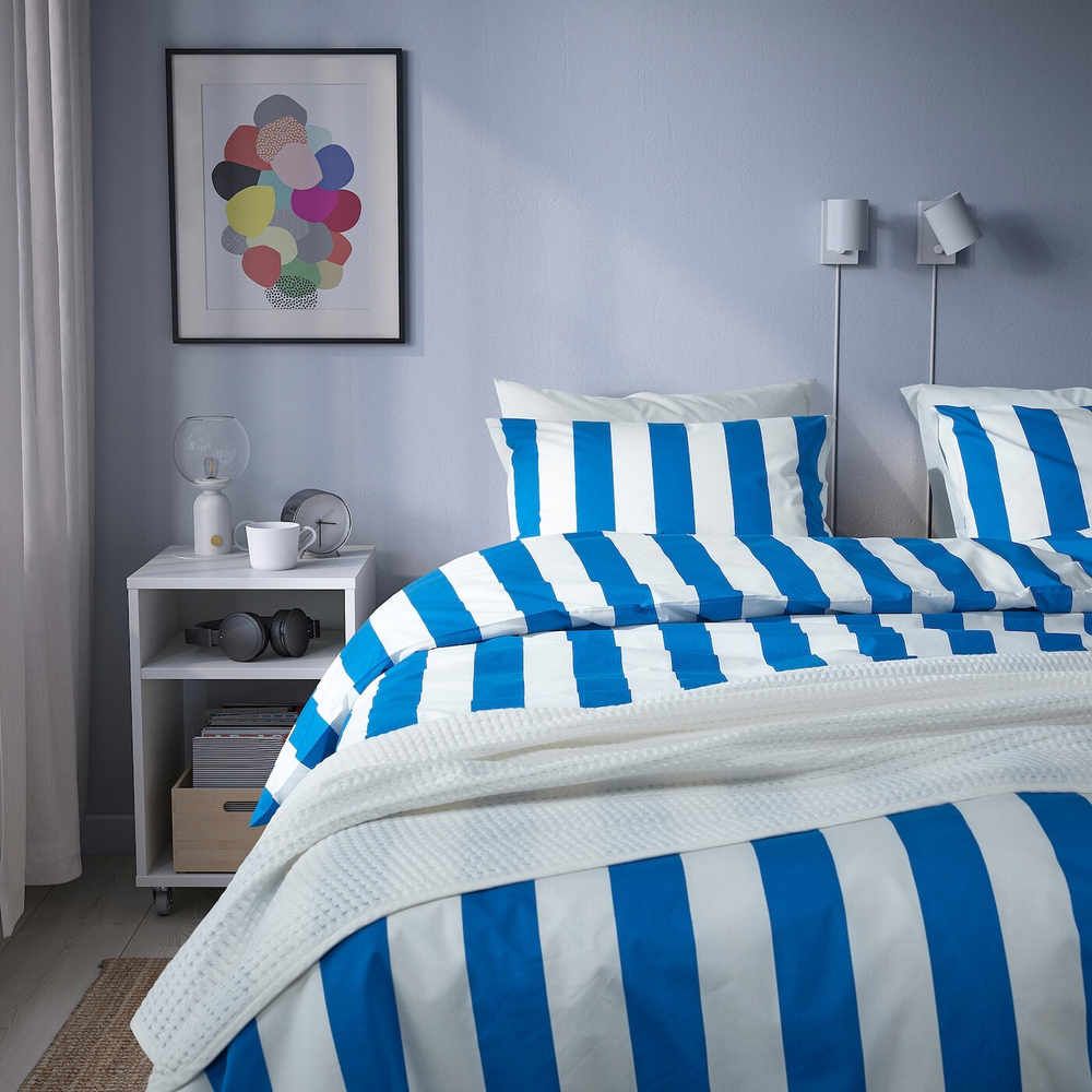 IKEA SLÅNHÖSTMAL  (ИКЕА СЛÅНХÖСТМАЛ)  -  Пододеяльник и 2 наволочки, синий/белый/полосатый, 200x200/50x60 см