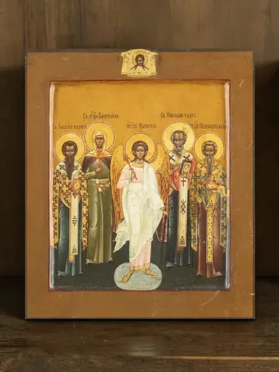 Святые: Василий Великий, Капитолина, Николай Чудотворец, Поликарп и Ангел Хранитель. Деревянная икона на левкасе