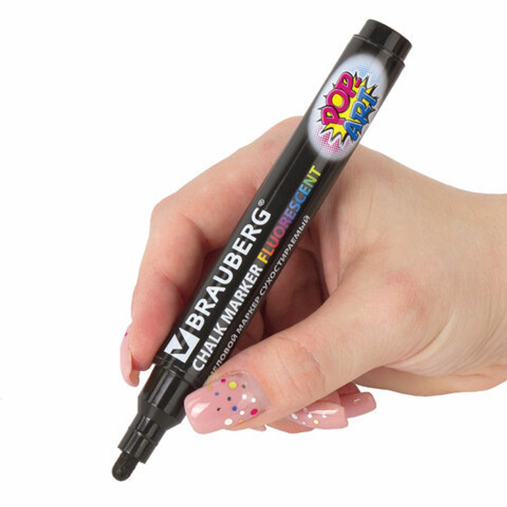 Маркер меловой "POP-ART" ЧЕРНЫЙ, 5 мм, сухостираемый, для гладких поверхностей, BRAUBERG, 151534