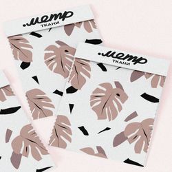 Ткань сатин листья монстеры пудровые