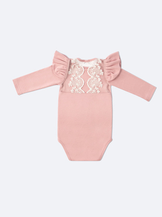 Боди c кружевной спинкой с длинным рукавом, Пудровый